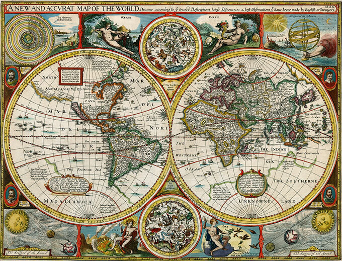 An old-timey map of the world is dominated by two circles, each showing half of the globe. It is surrounded by illustrations including drawings of the sun and portraits of people. The map is titled A New and Accurate Map of the World.